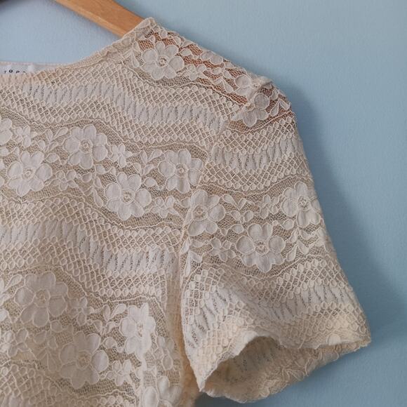 Topshop Lace Floral Short Sleeve Crop Top Cream 6 - Picture 4 of 7